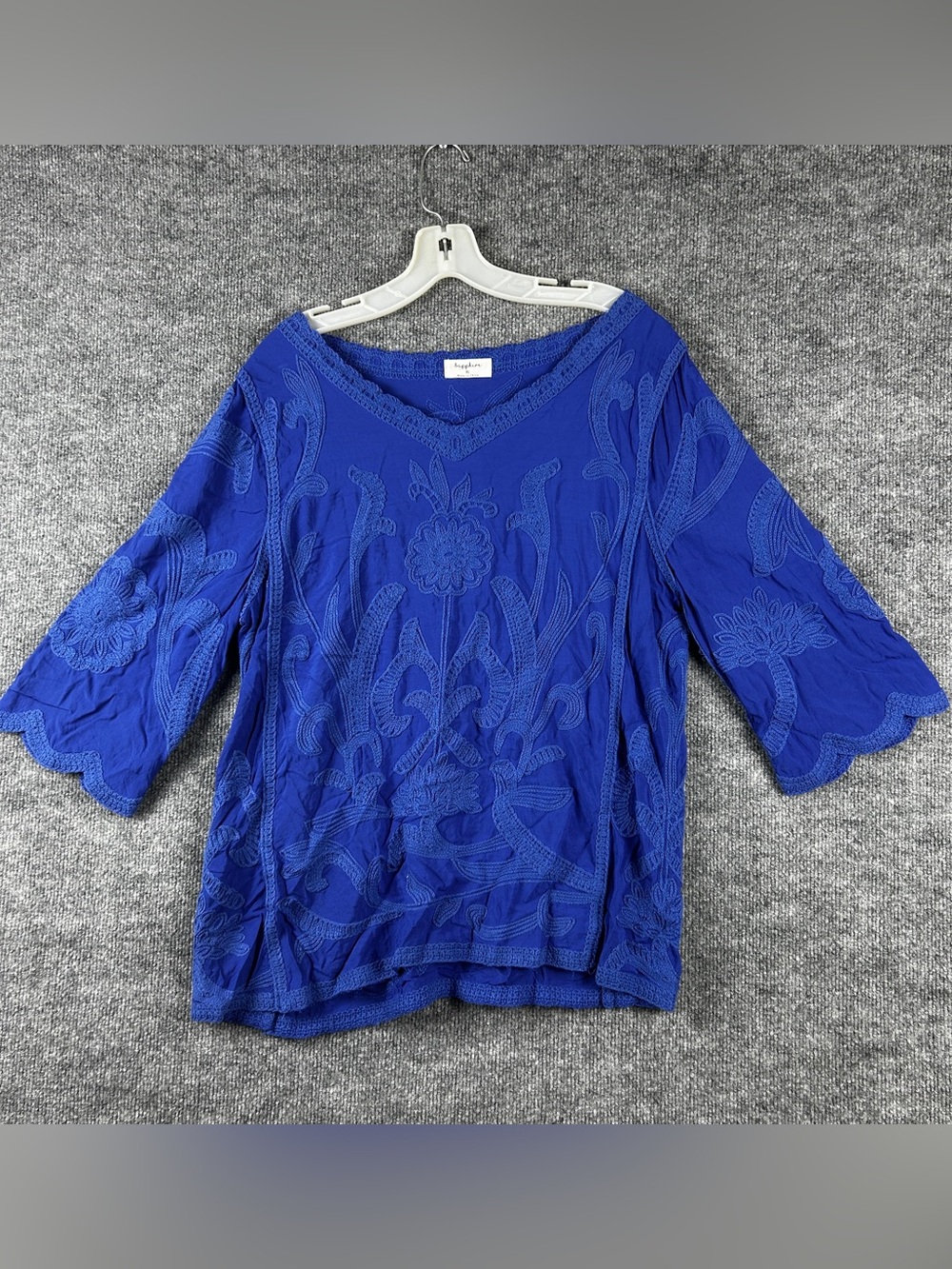 Sapphire Royal Blue Embroidered Boho Peasant Tunic Blouse Top Size XL Rayon